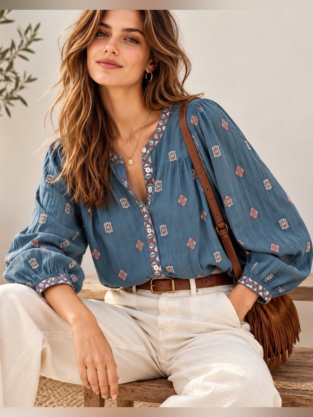 ba&sh Daphne Embroidered Blouse Size 1 / S Teal Blue Cotton Boho Button Front